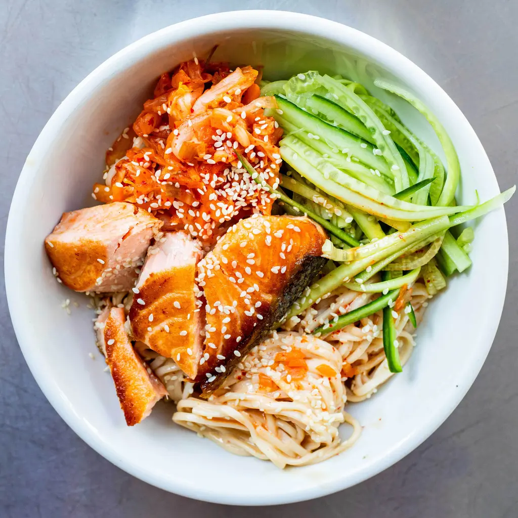 Salmon With Kimchi & Tahini Noodles