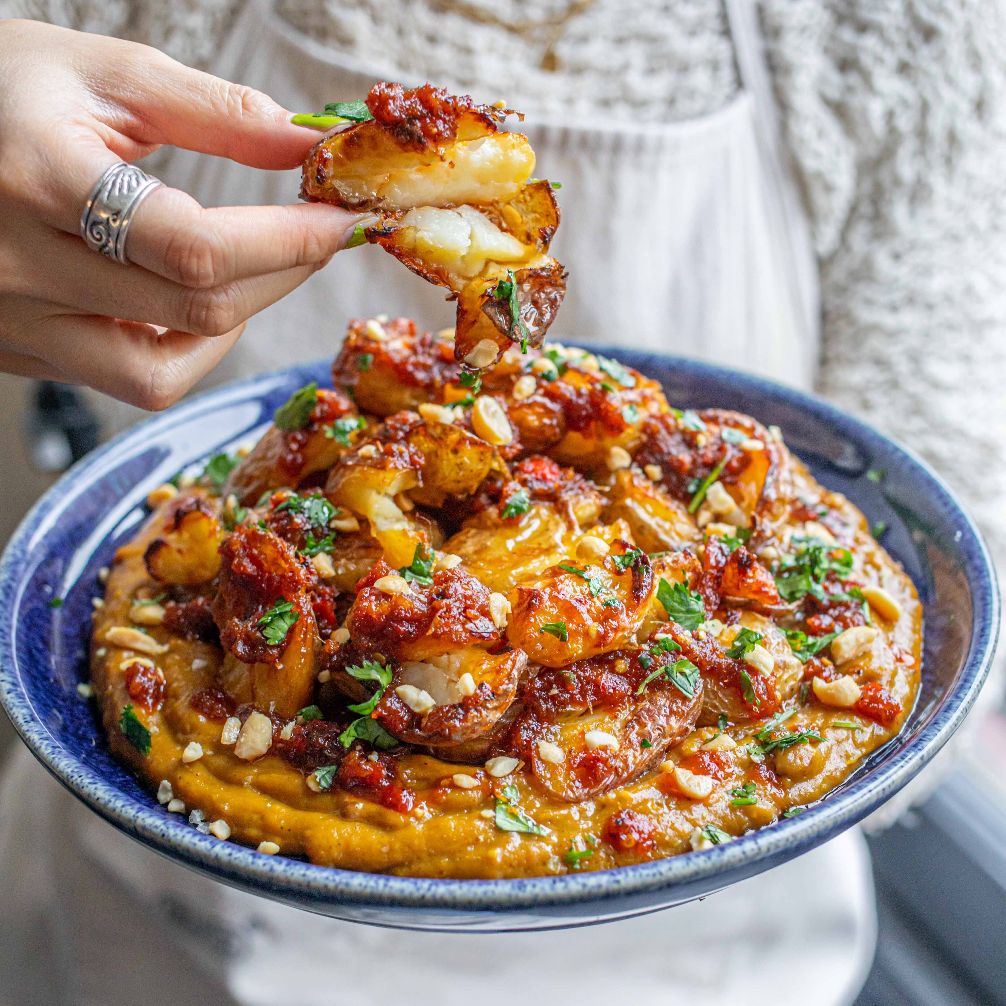 Sambal Smashed Potatoes with Peanut Sauce