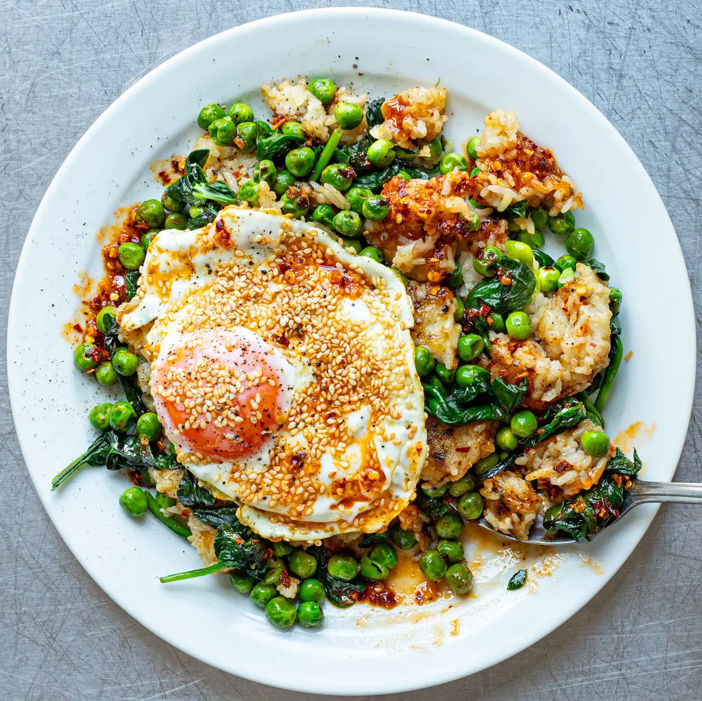 Sesame Eggs with Chilli Crisp Rice & Greens