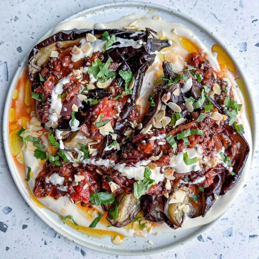 Spiced Aubergine With Harissa Lentil Ragù & Whipped Tahini Sauce