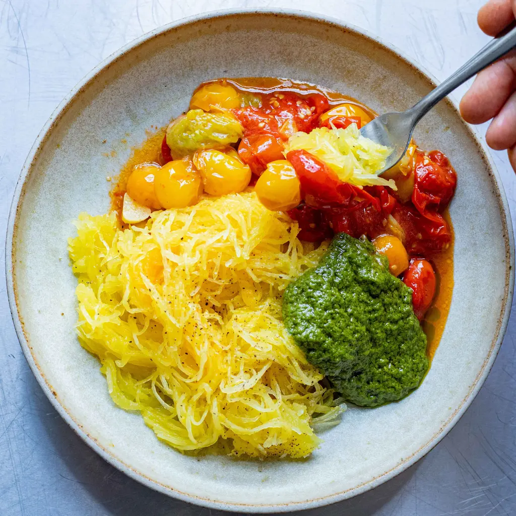 Spaghetti Squash & Confit Tomatoes with Tomato Oil Pesto
