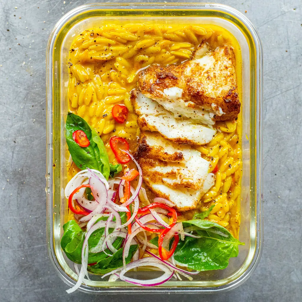 Spicy, Herby Fish with Curried Orzo