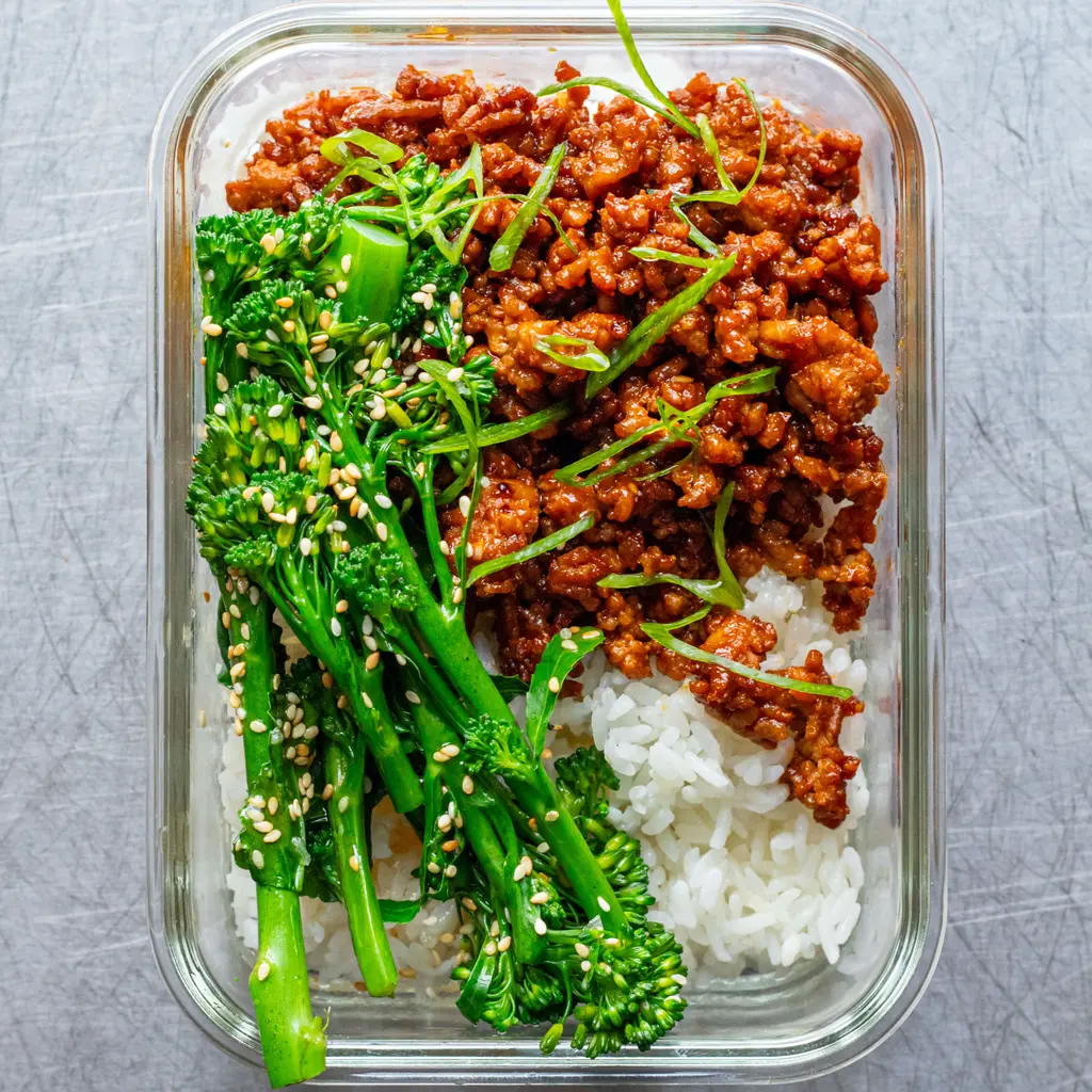 Spicy Pork Rice Bowl with Sesame Broccoli