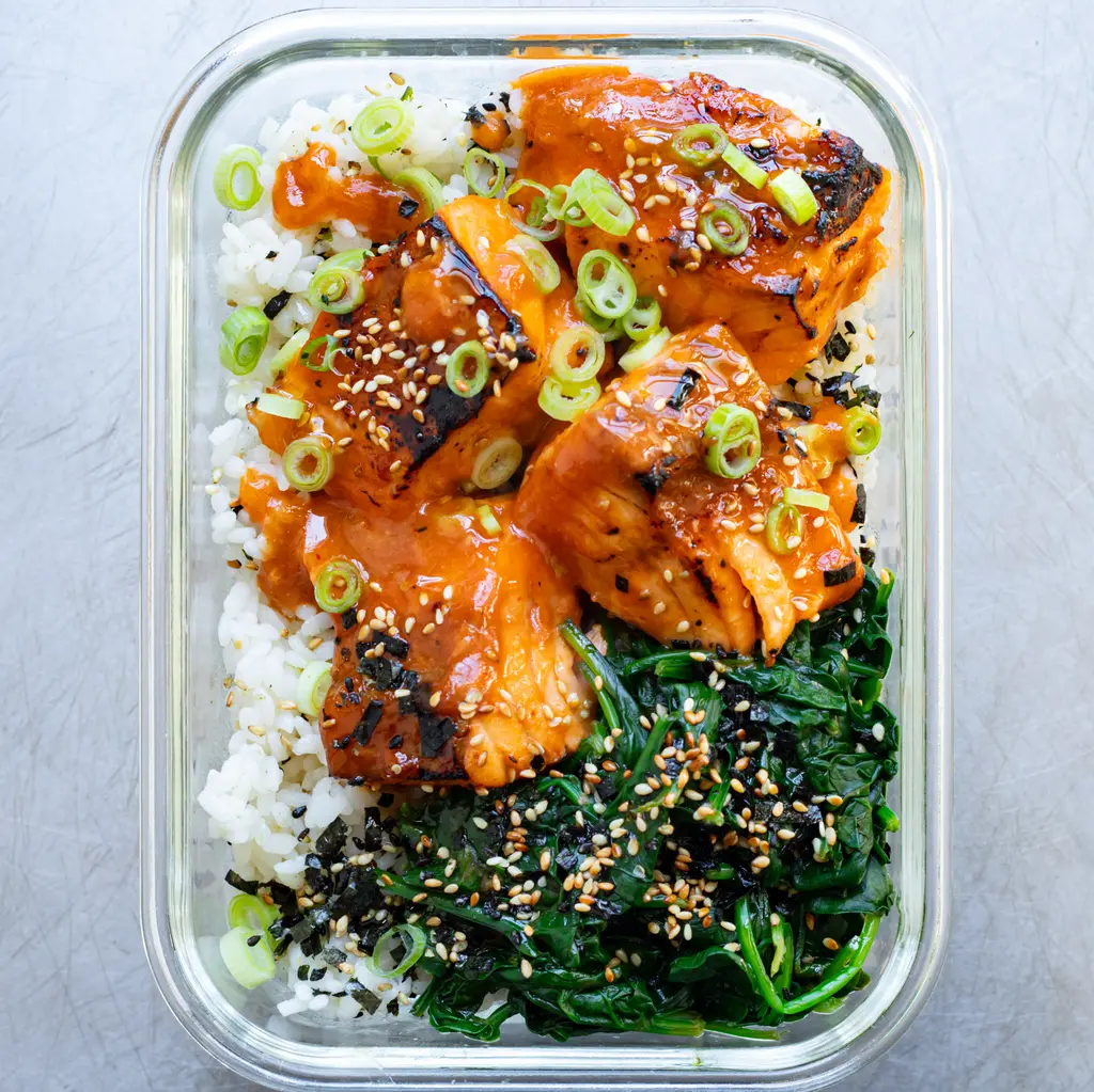 Spicy Salmon Bowl with Sesame Rice & Soy Butter Spinach
