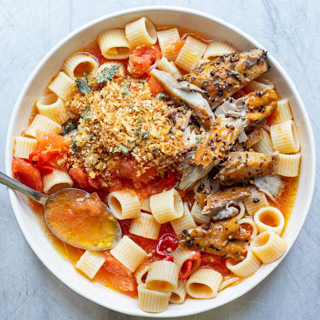 Squished Tomato & Smoked Mackerel Pasta