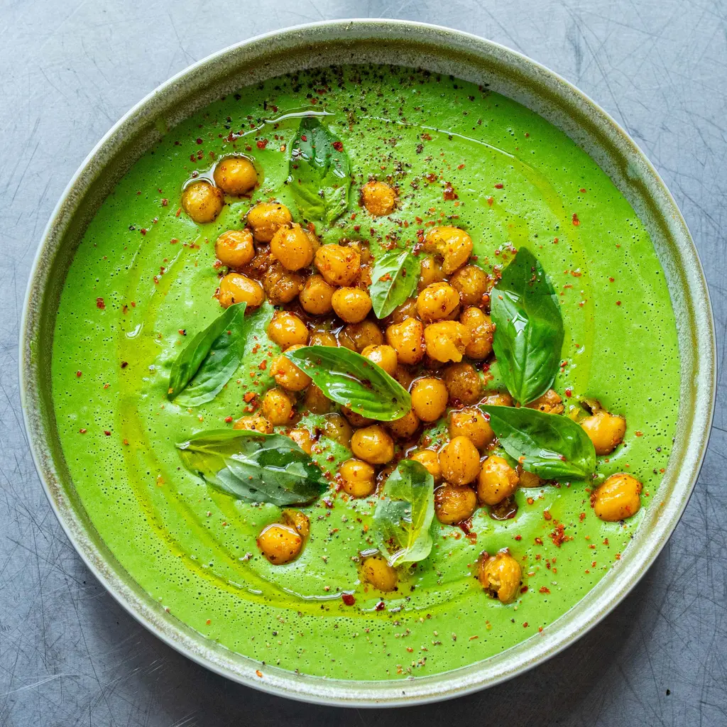 Super Green Soup With Crispy Chickpeas
