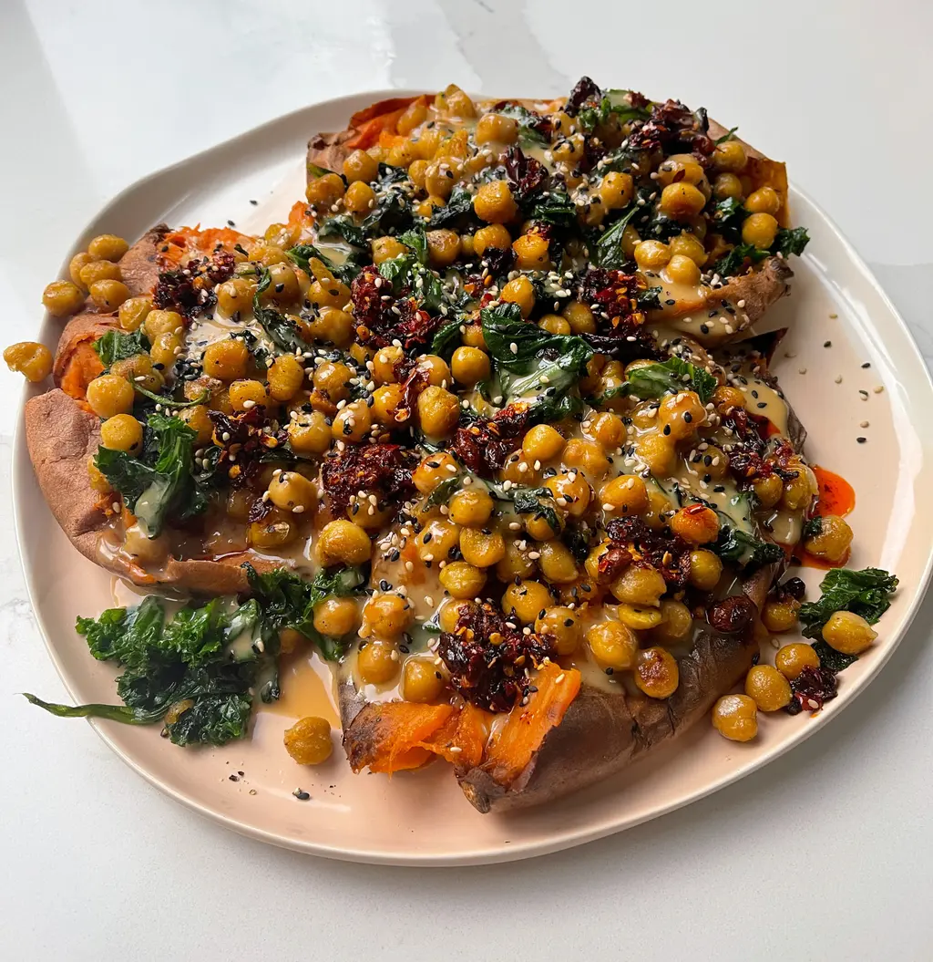 Sweet Potatoes with Tahini Butter Chickpeas
