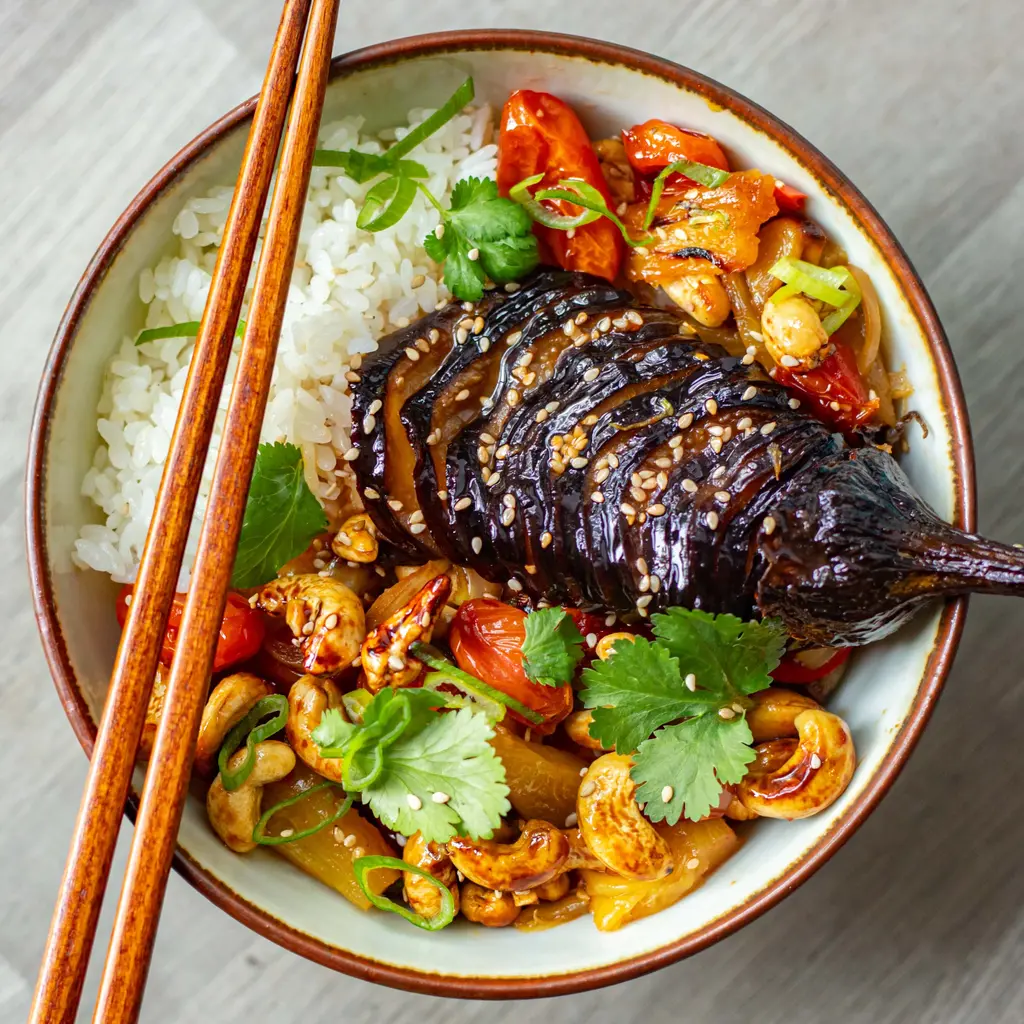 Sweet & Sour Hasselback Aubergine with Rice