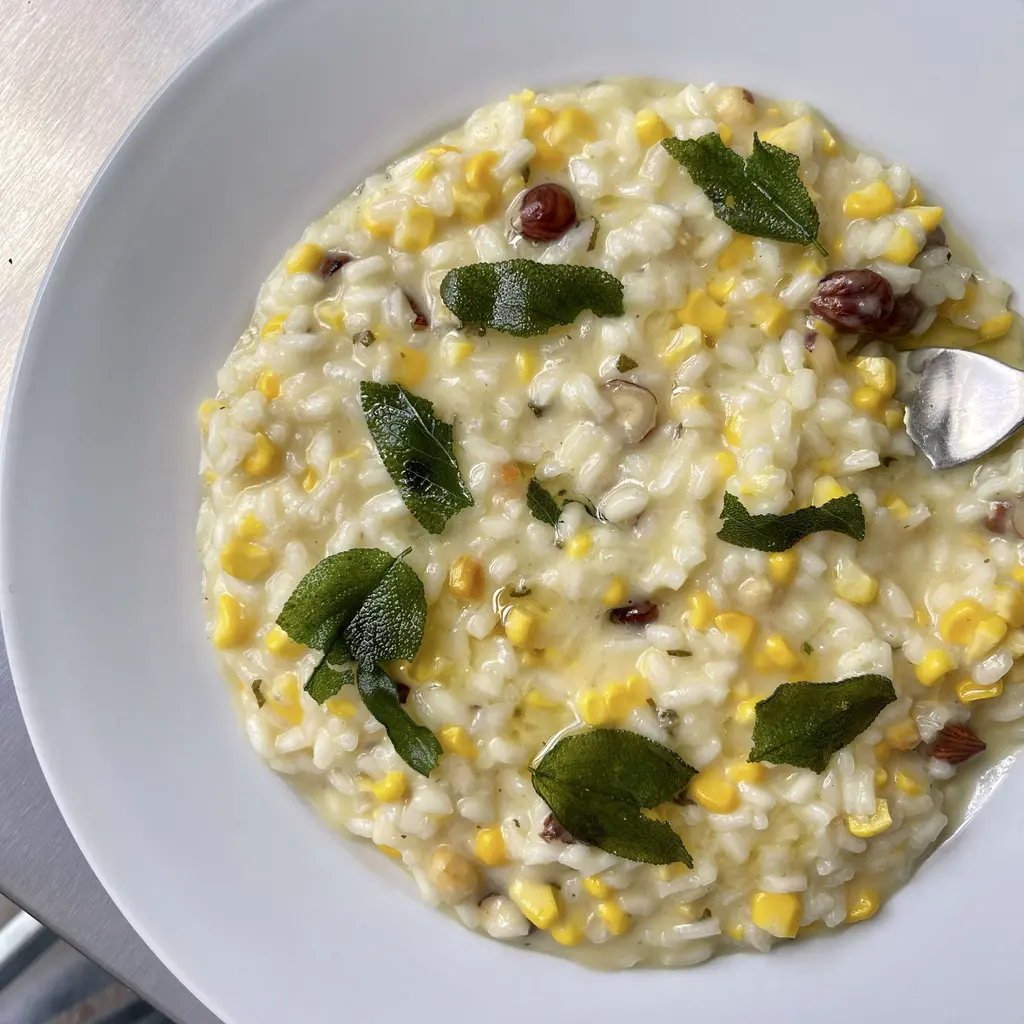 Sweetcorn Risotto with Hazelnuts and Sage