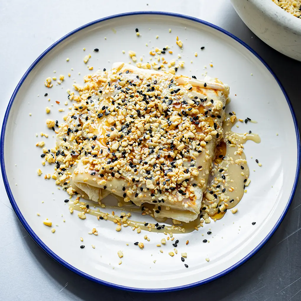 Thai-Inspired Banana & Cinnamon Roti With Tahini Fudge Sauce