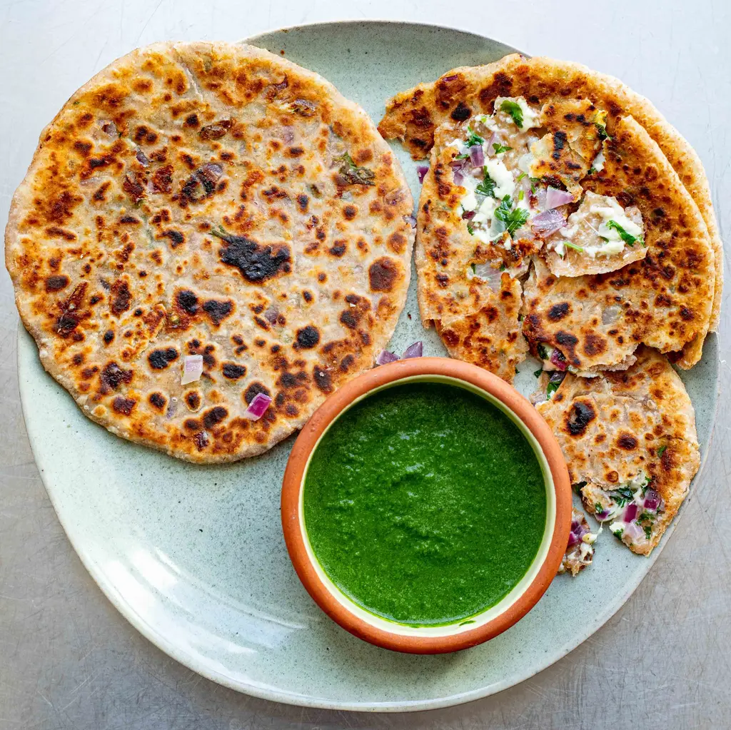 Three Cheese Paratha With Coriander & Mint Chutney