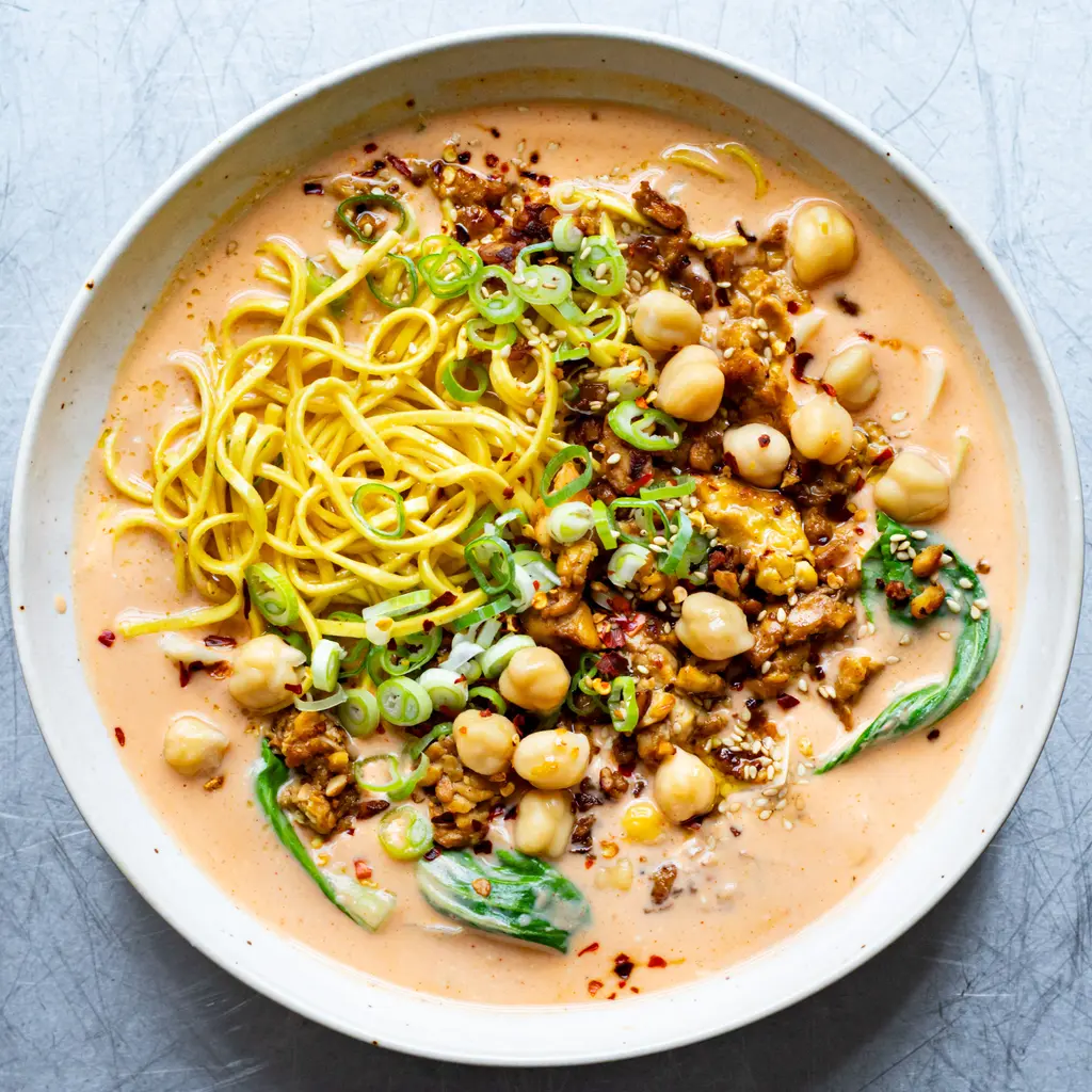 Tofu, Chickpea & Tempeh Spicy Noodle Soup