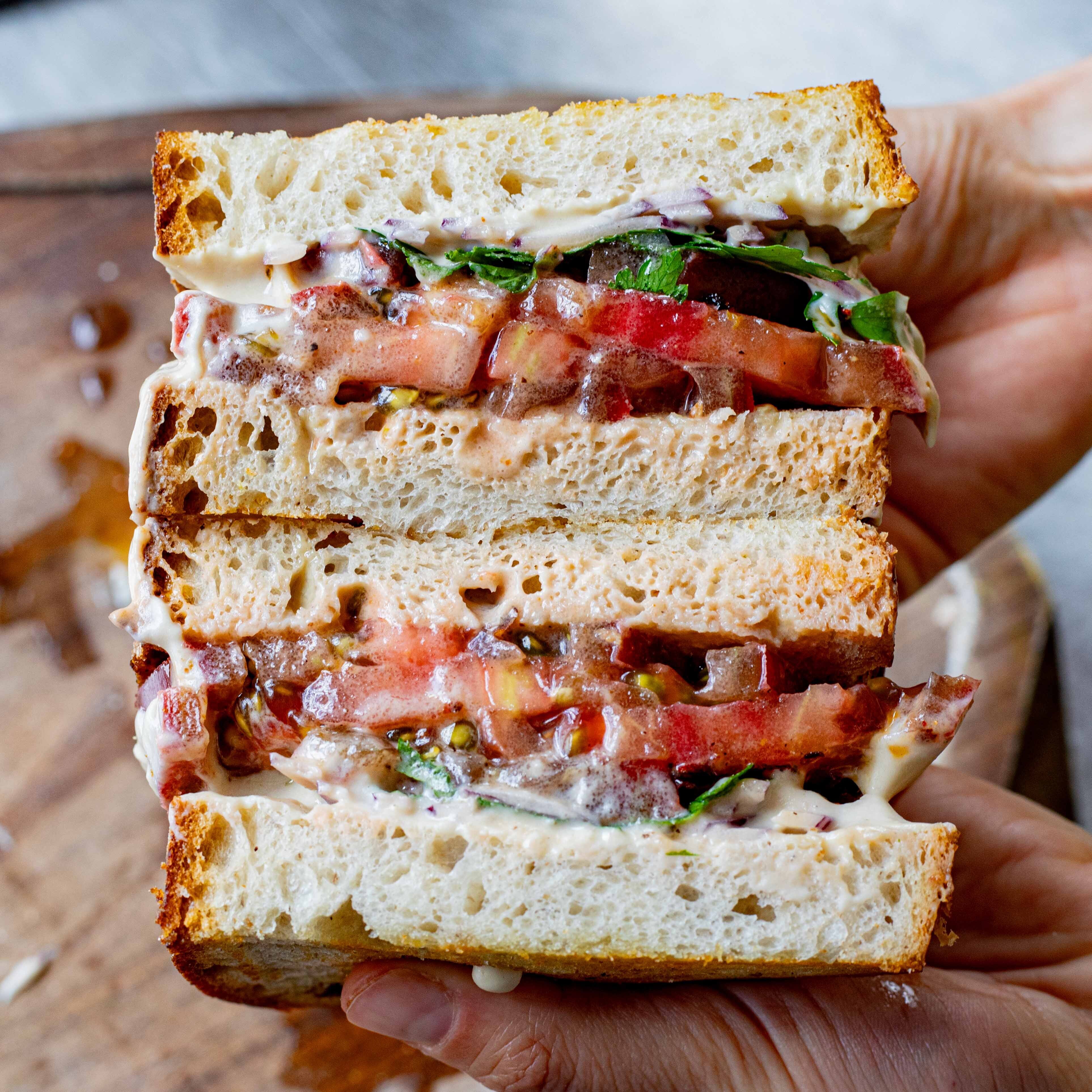 Tomato Sandwich With Miso Butter Bean Hummus & Crispy Chilli Oil