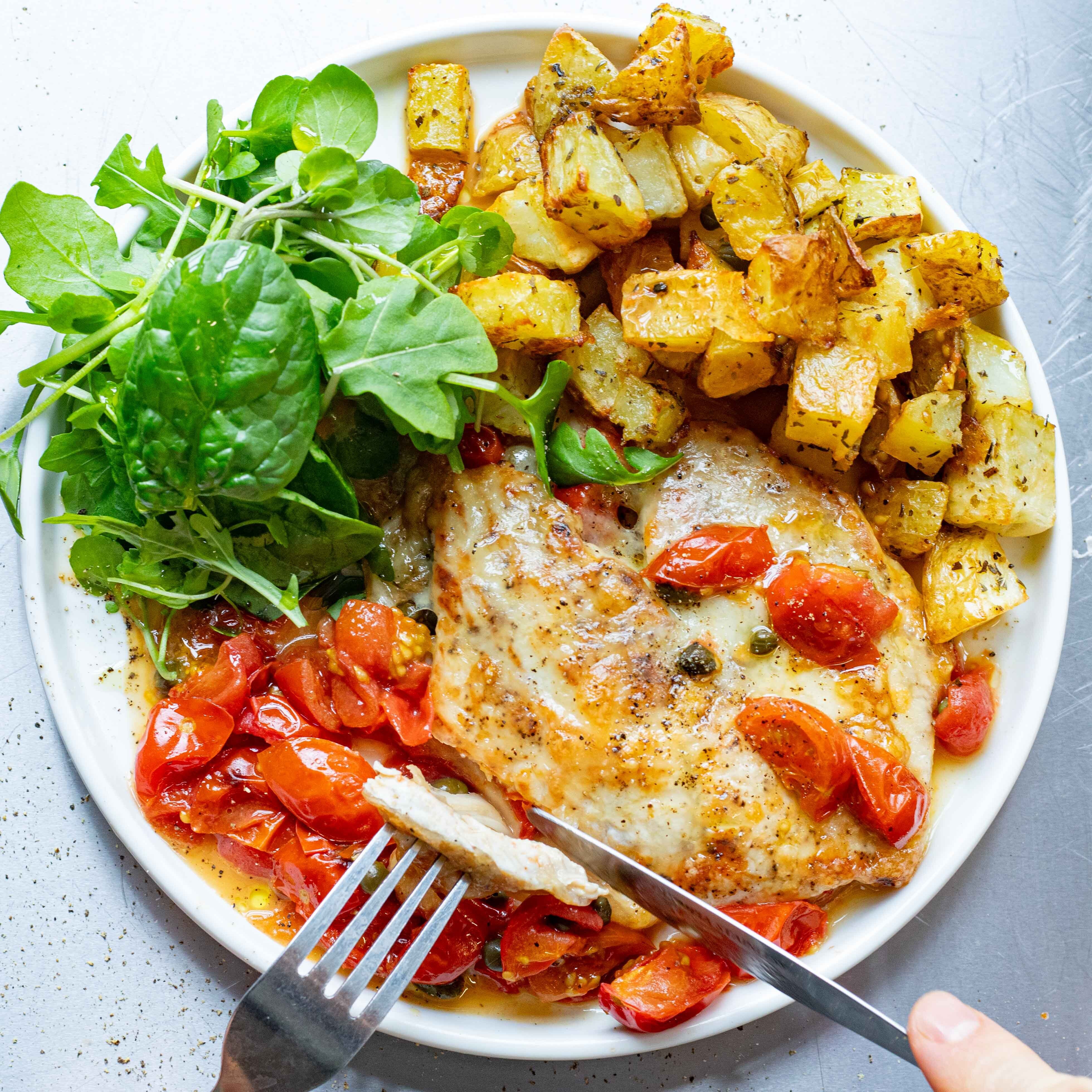 Mozzarella Grilled Turkey Steak with Caper & Cherry Tomato Sauce