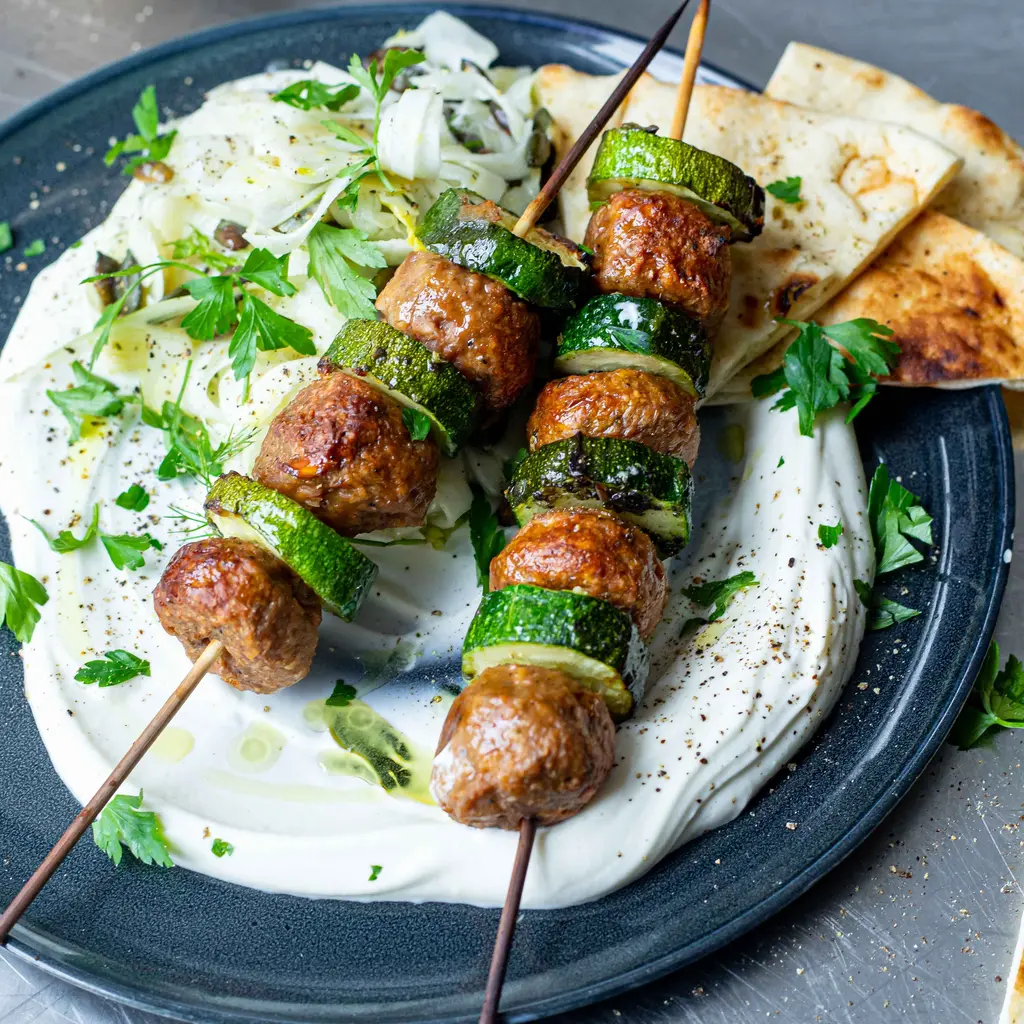 Veggie Meatball Kebabs With Fennel & Pumpkin Seed Slaw