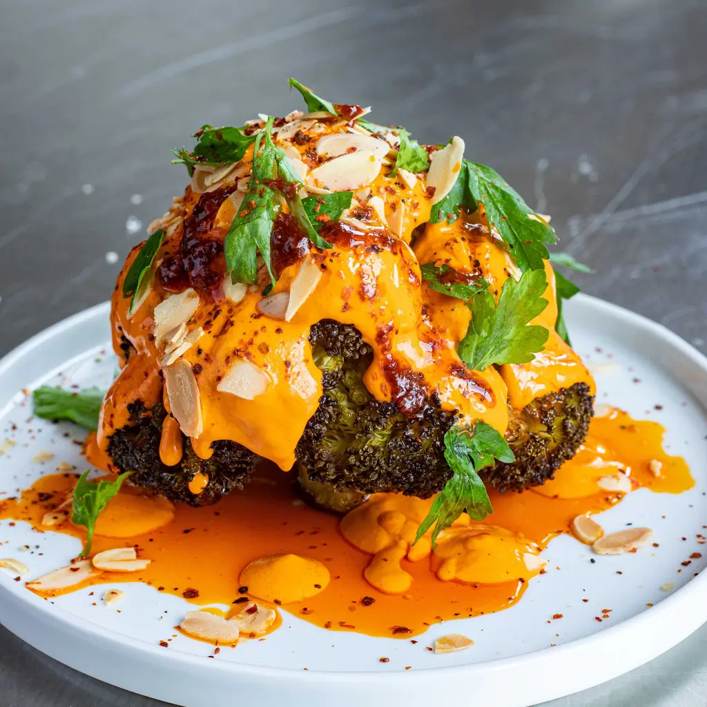 Whole Roasted Broccoli with Romesco Sauce